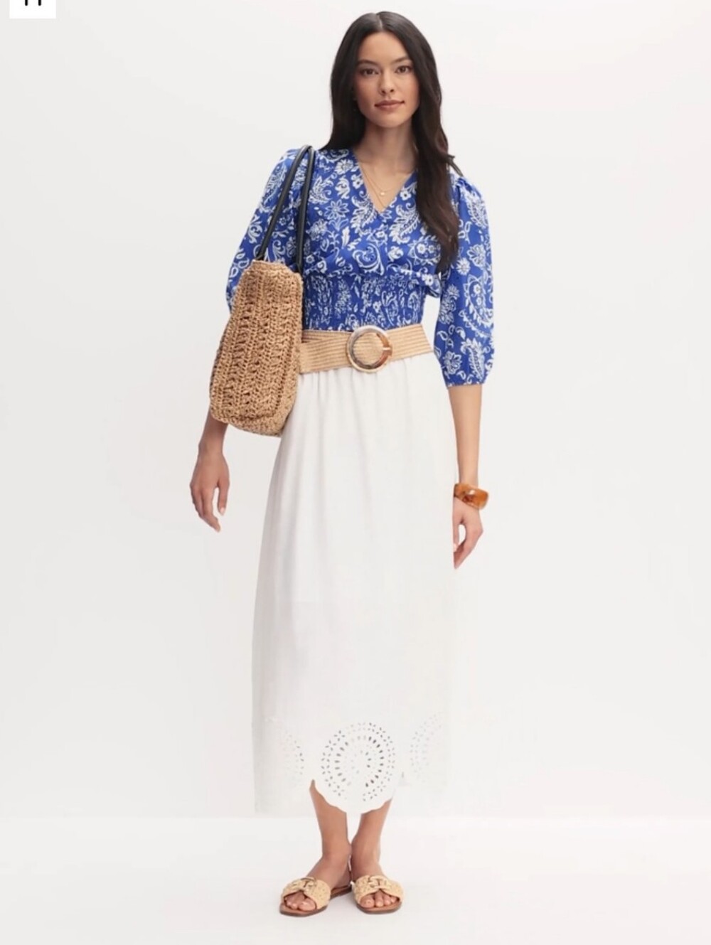 Melanie Lyne Paisley Smocked Waist Blouse Blue White Size M